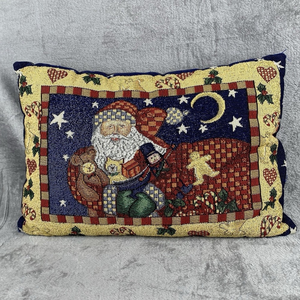 Vintage Tapestry Needlepoint Throw Pillow Santa Christmas Decorative Rectangle